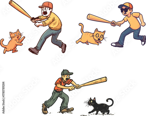man with baseball bat chasing cat, simple cartoon-style clip art on a white background