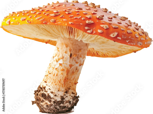 mushroom with an orange cap and brown stem, on a white background, isolated on the side of the mushroom lies its stem