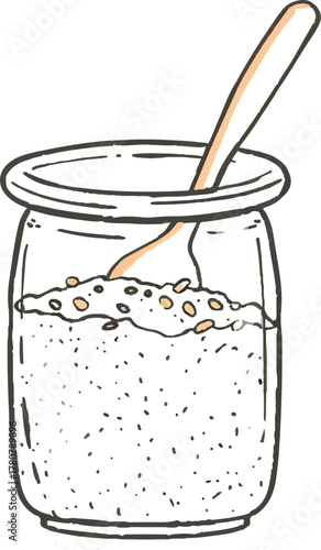 oatmeal in a glass jar with a spoon, a simple flat vector illustration on a white background, in a cute doodle style
