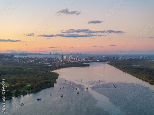 Aerial views of the Tweed Heads and Coolangatta coastline from Fingal Head and Gold Coast skyline in the background