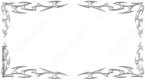 Chrome neo tribal frame border. Metallic symmetrical Y2K spiked lines and flame tattoo ornament in glossy silver style. Render transparent background