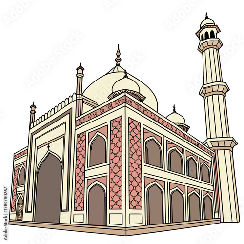 Stylized illustration of the iconic taj mahal monument with its distinctive domes and minarets against a white background