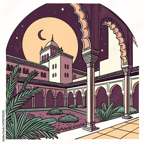 A serene courtyard with moorish architecture lush greenery and a crescent moon in the night sky