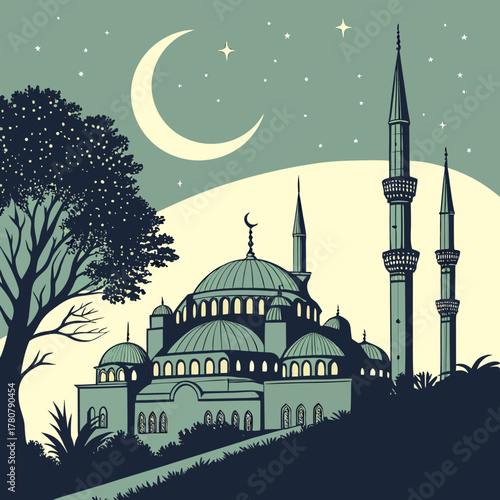 A majestic mosque with domes and minarets stands silhouetted against a starry night sky with a large crescent moon