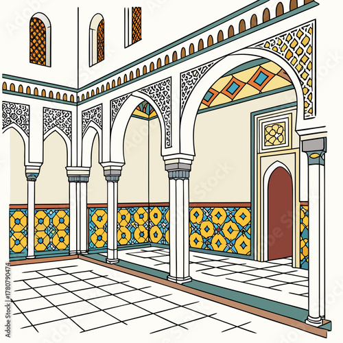 Illustrative depiction of a traditional moroccan riad courtyard with intricate arches tiled walls and patterned windows