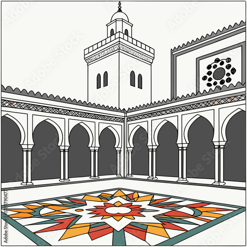 Illustrative depiction of a tranquil mosque courtyard featuring arched colonnades and a vibrant geometric mosaic floor pattern