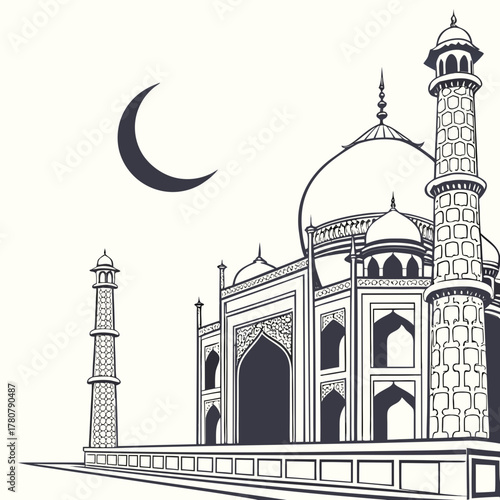 Iconic taj mahal monument in agra india depicted in a simple line art style with a crescent moon in the night sky