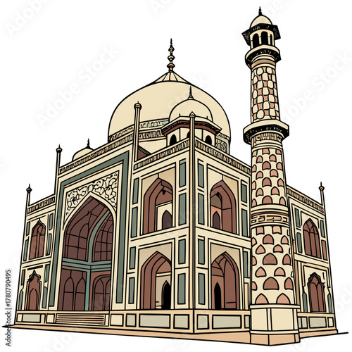 Stylized illustration of the taj mahal monument with its iconic dome and minaret against a white background