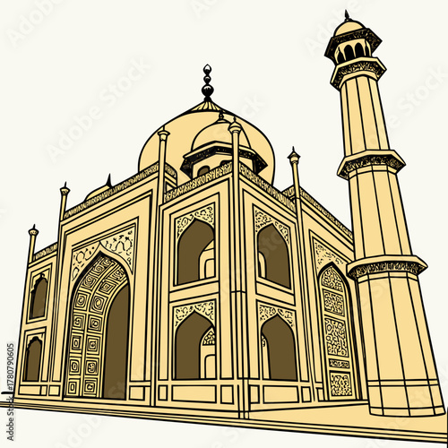Stylized illustration of the iconic taj mahal monument in agra india with its grand dome and minaret against a plain background