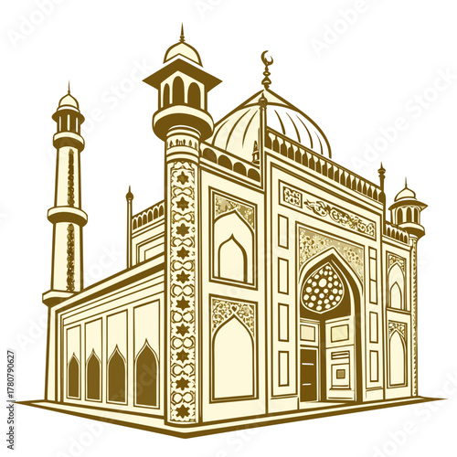 Iconic taj mahal monument rendered in a stylized illustration with intricate architectural details and a warm color palette
