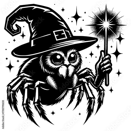 Spider with a witch hat and magic wand vector image illustration