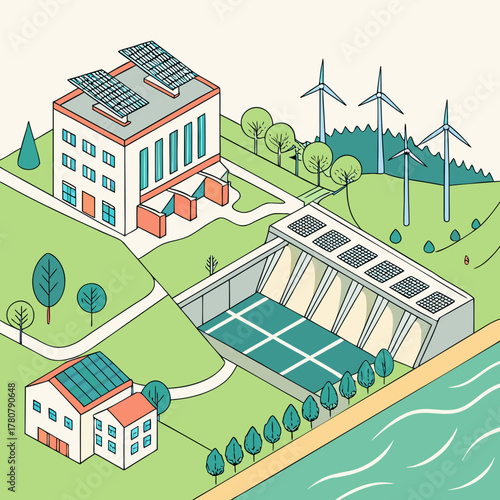 Illustration of a sustainable energy landscape featuring a hydroelectric dam wind turbines and solar panels on buildings