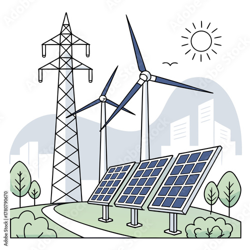 Renewable energy sources including solar panels wind turbines and a power pylon in a natural landscape with city skyline