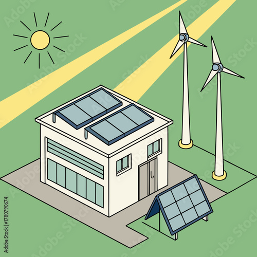 Modern building with rooftop and ground solar panels and wind turbines generating clean renewable energy from the sun
