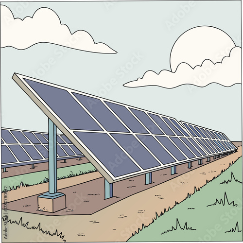 A vibrant cartoon illustration of a large solar panel farm stretching across a grassy field under a bright sun and fluffy clouds