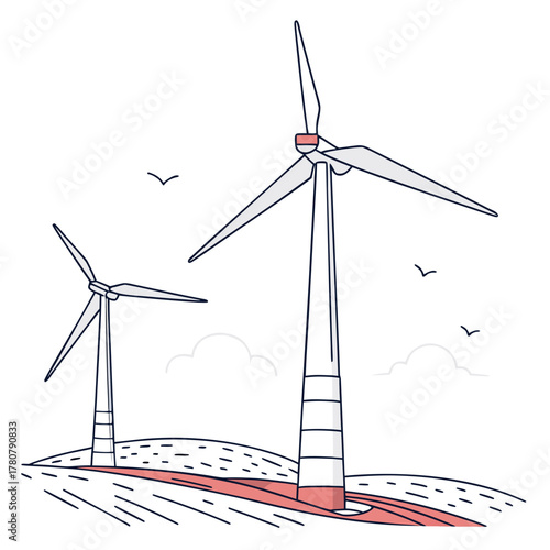 Modern wind turbines stand tall on rolling hills under a clear sky with birds flying above