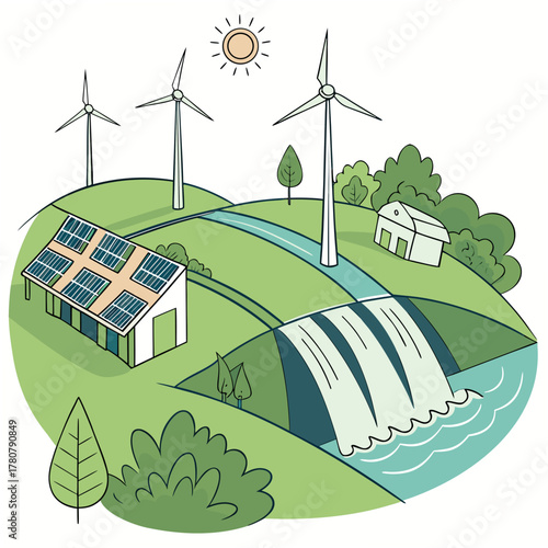 Sustainable energy sources including wind turbines solar panels and a hydroelectric dam powering a green landscape with trees and a house