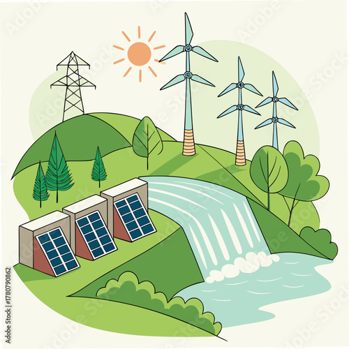 Sustainable energy sources including solar panels wind turbines and hydroelectric power generation on a green landscape