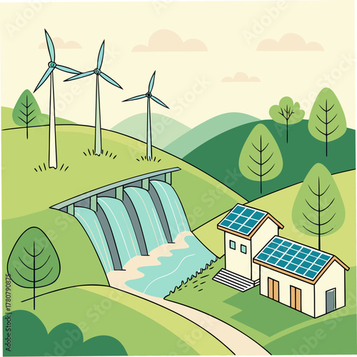 Green energy landscape illustration featuring wind turbines a hydroelectric dam and houses with solar panels on a sunny day