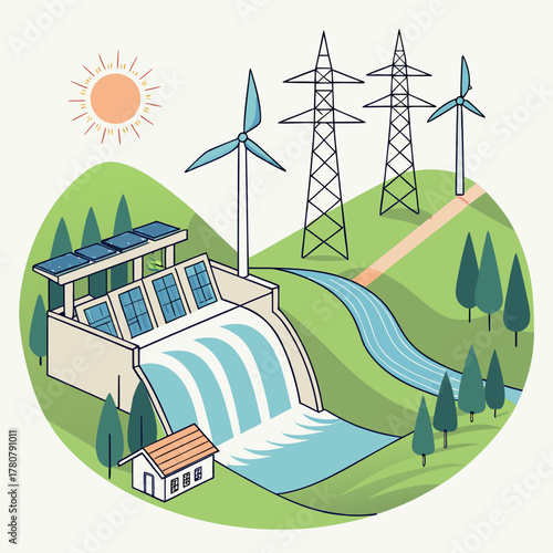 Sustainable energy landscape featuring a hydroelectric dam solar panels wind turbines and power lines under a bright sun