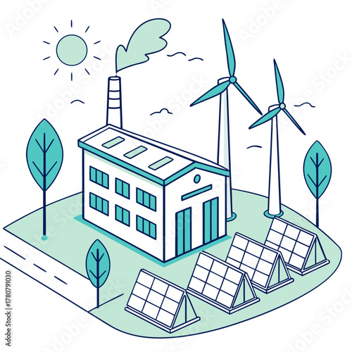 Modern factory utilizing renewable energy sources like solar panels and wind turbines for sustainable power generation