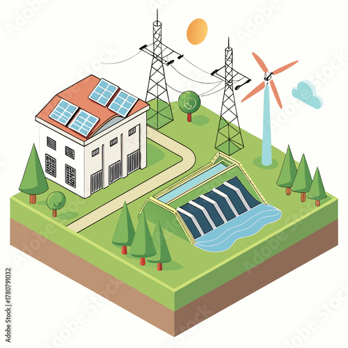 Isometric illustration of a sustainable energy landscape featuring solar panels on a building a wind turbine and a hydroelectric dam