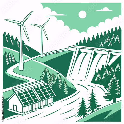 Sustainable energy landscape featuring wind turbines a hydroelectric dam and solar panels on a house