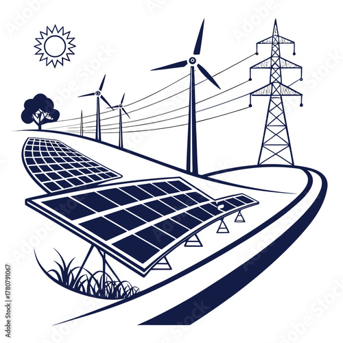 Renewable energy landscape with solar panels wind turbines and power lines under a bright sun