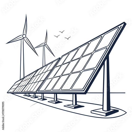 Clean energy concept with solar panels and wind turbines generating renewable power under a sky with birds