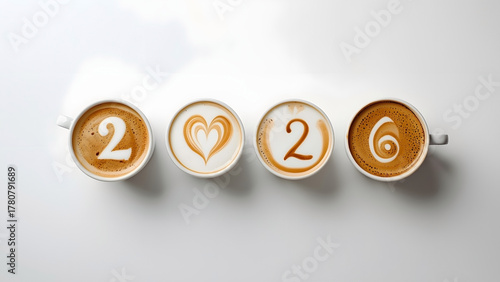 Minimalist coffee cups with number 2026, heart latte art, start of new year concept