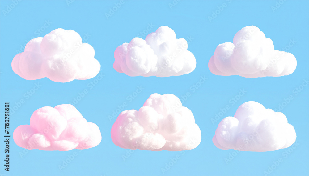 Obraz premium Fluffy white and soft pink clouds on pastel blue background with soft shadows, dreamy sky composition