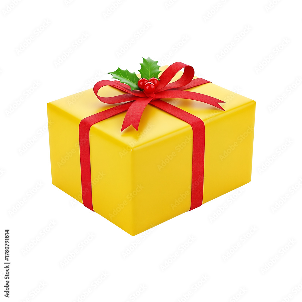 Obraz premium Yellow gift box with red ribbon festive holly decoration Isolated on transparent background, png