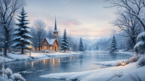 Idyllic Winter Landscape Illustration with Chapel, Snow-Covered Trees, and Frozen Lake at Sunset or Sunrise for Wallpaper or Background