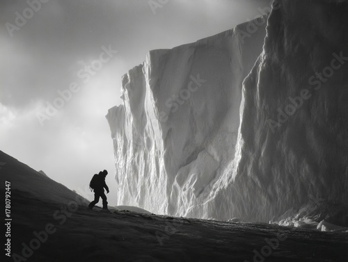 Silhouette of a man hiking uphill next to a towering iceberg wall. Solitude and adventure in an arctic landscape. Mountaineering and exploration.