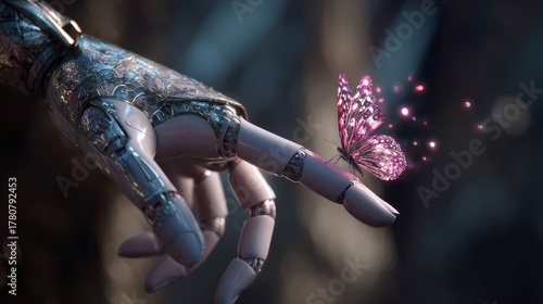 Robotic hand with intricate design and a glowing butterfly on its finger. AI and nature connection concept for future technology.