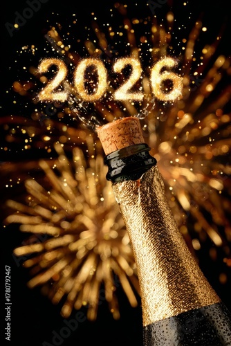 Champagne bottle popping with fireworks displaying 2026. New Year celebration and festive toast concept. Golden sparkles for holiday greeting card.