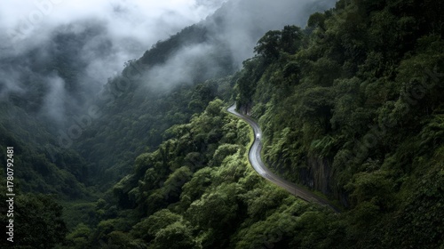 Winding road through foggy, lush green mountain landscape with a car driving. Nature background for travel and adventure.