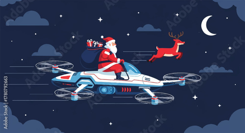 Santa's Futuristic Delivery: Santa Claus, aboard a futuristic drone, and his reindeer speeding through the starry night, delivering gifts under the crescent moon.