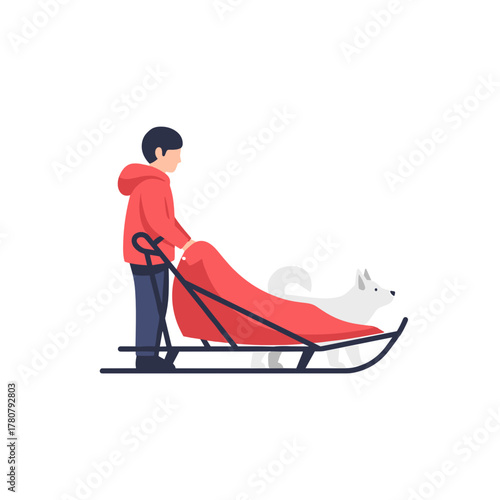 Boy standing beside sled with dog while preparing for a ride  