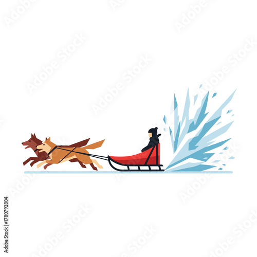 Sled dogs running through fresh powder snow creating a splash  