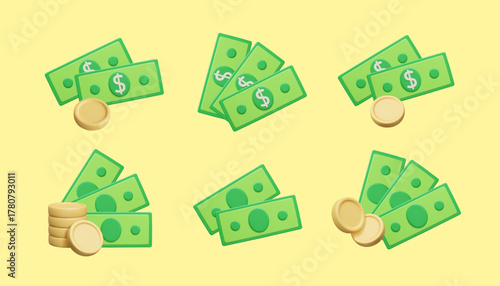 3D money icon set. Dollar banknotes in different shapes. US paper currency bills: fan of cash, stack of coins, treasure assets 3D vector render isolated.