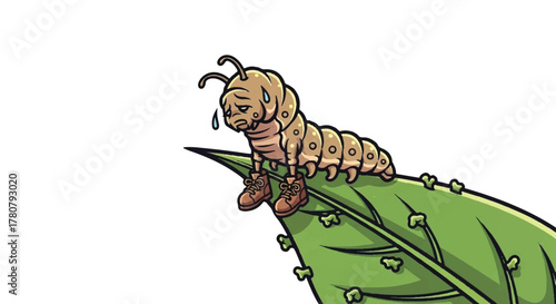 Sad Caterpillar on Leaf: A small caterpillar, dejected and forlorn, perches upon a lush green leaf, its tears a testament to its melancholy. The illustration evokes empathy.