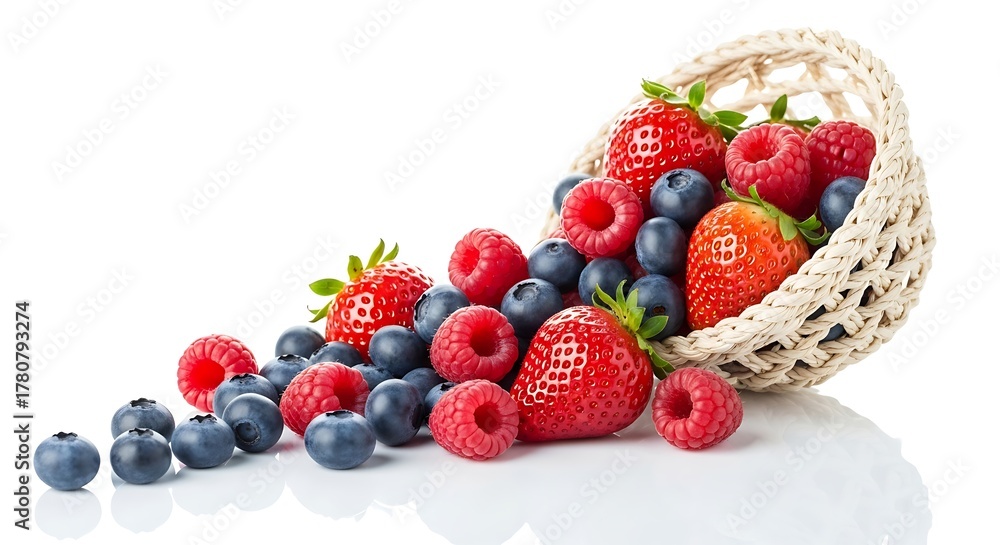 Obraz premium Fresh Berries Overflowing from a Woven Basket on White.