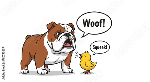 A Canine Dialogue with a Chirping Chick: A comical illustration presents a robust bulldog engaged in a vocal exchange with a tiny, chirping chick, emphasizing the amusing disparity in size and sounds.