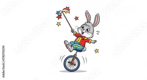 Unicycling Bunny's Circus Act: A playful illustration of a bunny balancing on a unicycle while juggling a star-adorned wand, creating a whimsical circus scene.