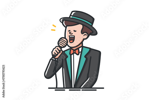 Performer in formal attire singing passionately at the microphone. Colorful vector