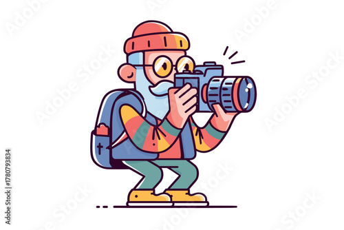 Enthusiastic elderly man capturing moments in vibrant outdoor setting. Colorful vector