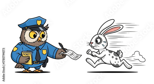 The Owl Cop and the Speeding Rabbit: A light-hearted illustration captures the whimsical encounter of an owl police officer issuing a ticket to a speeding rabbit.