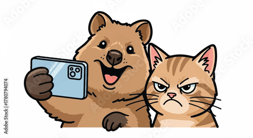 Selfie Time: A delightful illustration showcases the bond between a charming quokka and a grumpy cat, capturing a selfie moment with a smartphone.