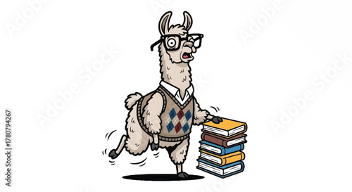 The Bookworm Llama: A quirky cartoon illustration depicts a scholarly llama, adorned with glasses and a sweater, standing near a stack of books, exuding intelligence and charm.